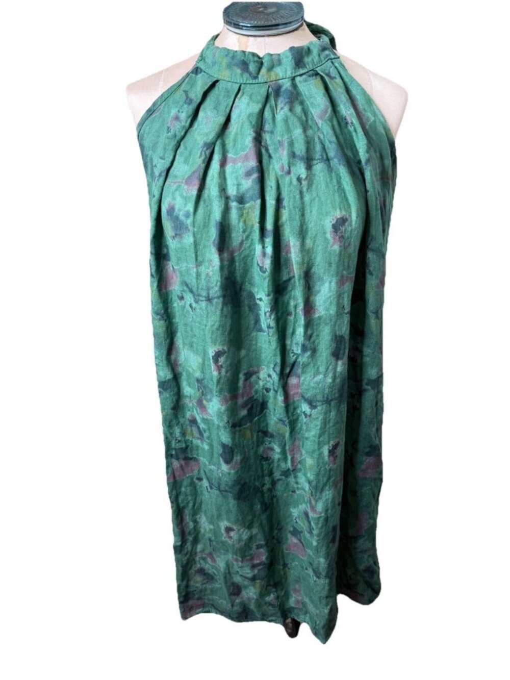 Lagenlook Italian Linen Dress L Abstract Watercolor  Halter  Beachy  Euro Resort